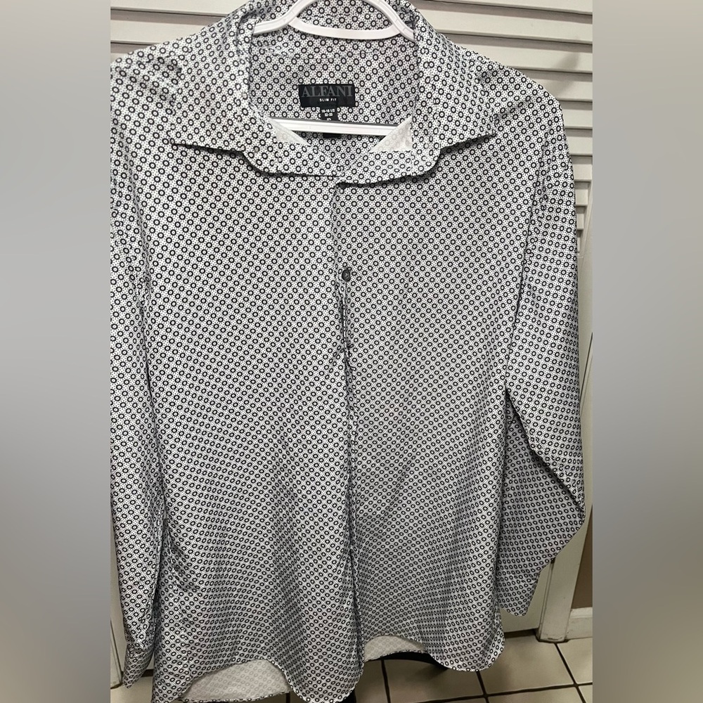 Alfani Button Down Slim Fit Shirt, 16-16 1/2, 32-33, white with black geometric